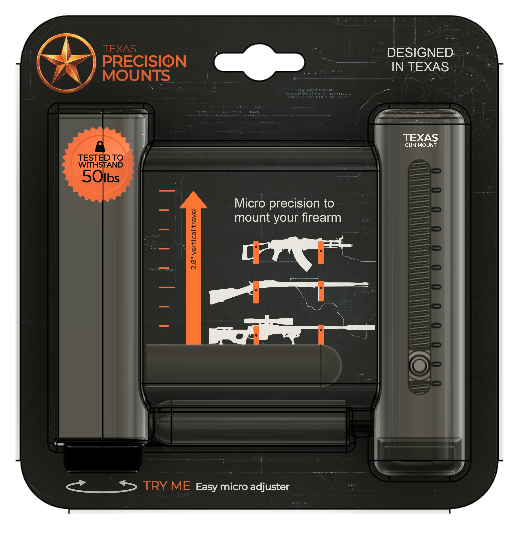 Texas Precision Mount retail packaging with two mounts, allen key and hardware
